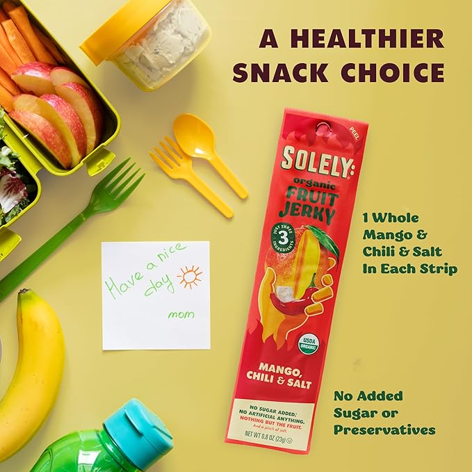 SOLELY - Organic Spicy Mango Chili and Salt Fruit Jerky - 12 Individually Wrapped Strips - Fruit Leather Made from Dried Fruit - Healthy Snacks for Adults & Kids - Vegan, Non GMO - 0.8oz (23g)