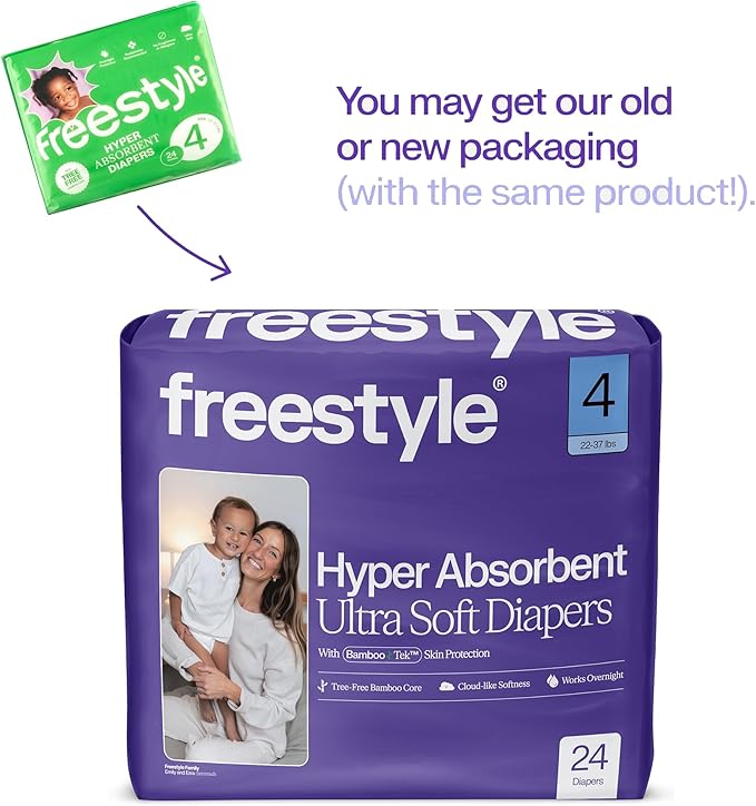 Freestyle BambooTek Diapers – (Size 4) Hyper Absorbent & Non-Toxic – Disposable Diapers for Sensitive Skin – Ultra Soft Diapers (22-37 lbs) – 144 Count
