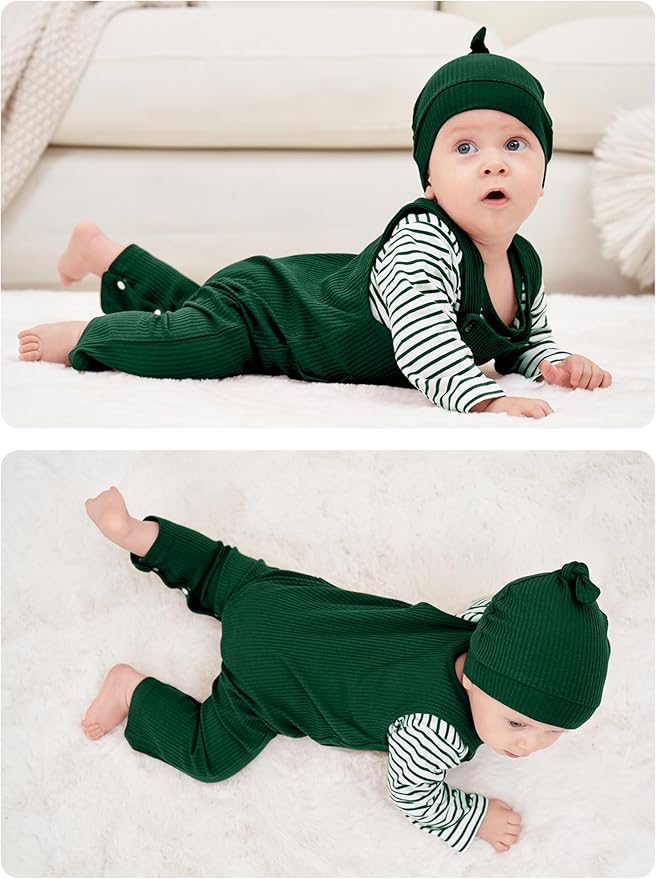 oklady Baby Boy Clothes Stripe Pattern Print Romper Top and Baby Overalls with Hat 0-18 Months Baby Boy Outfits