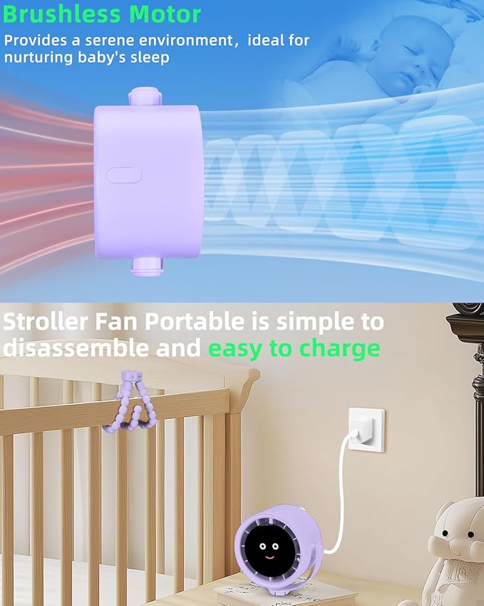 Stroller Fan Portable, Personal Fan for Travel, Air Turbo Tech & Digital display, Detachable 5 Speeds Rechargeable 360° Rotate Flexible Tripod Fan, For Home Office Stroller Camping - Purple