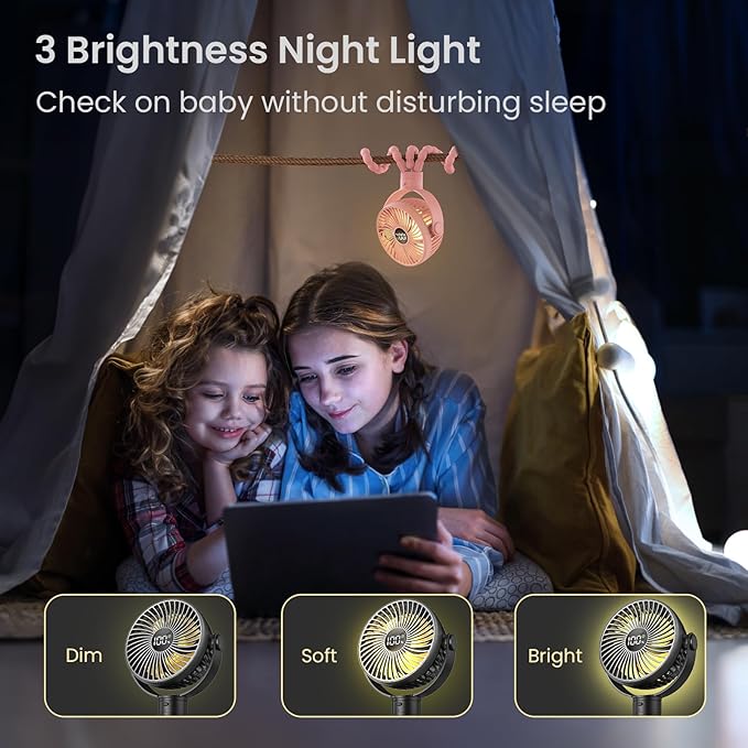 Portable Stroller Fan, 4000mAh Rechargeable Clip on Baby Fan 25H Battery Life, Head Detachable 360° Rotate Mini Fans, 4 Speed Personal Fans with Night Light for Car Seat Crib Bike Treadmill