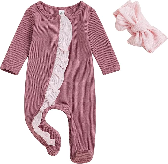 Newborn Girl Clothes Baby Girl Coming Home Outfit Zipper One-piece Outfits Ruffle Footie Bodysuit Jumpsuit Headband