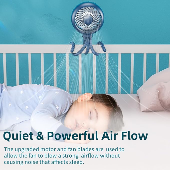 HandFan 4000mAh Battery Operated Stroller Fan Flexible Tripod Clip on Fan with 4 Speeds and Rotatable Max 31Hrs Handheld Personal Fans for Crib Car Seat Bike Treadmill (Blue)