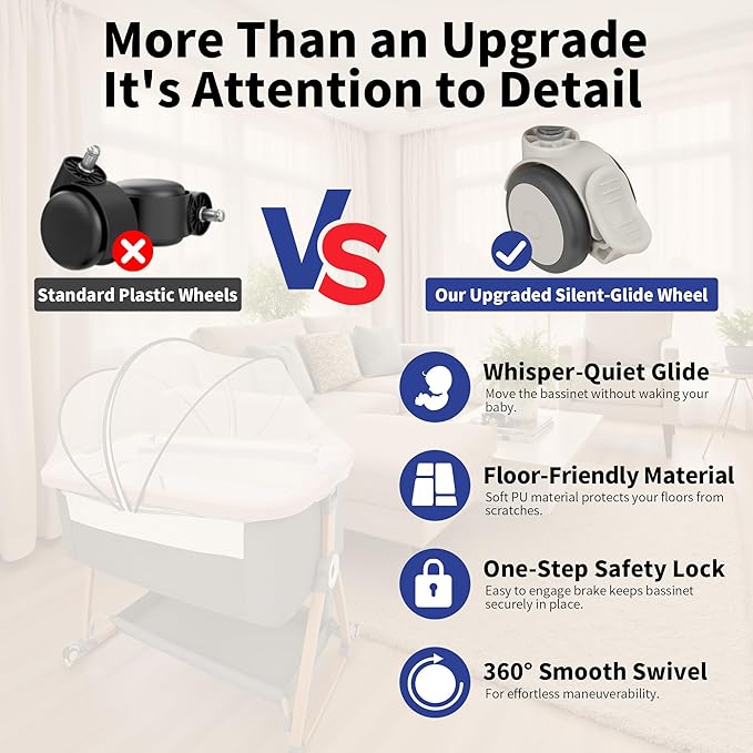 Baby Bassinet Bedside Sleeper CPSC Certified 3-in-1 Portable Crib with 4in Large Wheels 6 Height Adjustable Includes Mosquito Net Mattress Storage Basket Aluminum Alloy Woodgrain Gray