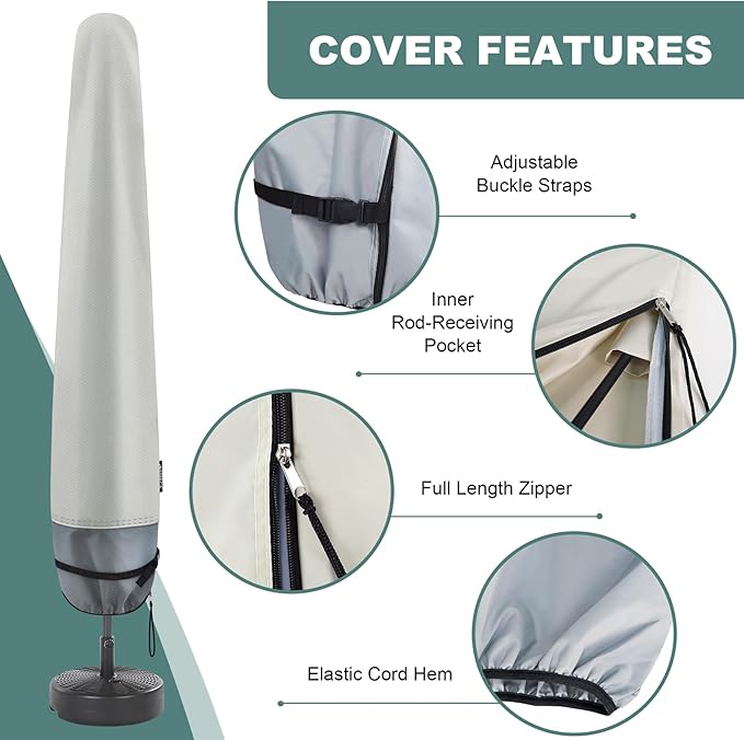 Patio Waterproof Umbrella Cover - Outdoor Market Parasol Cover with Zipper Fits Umbrella Up to 12 Feet, Beige