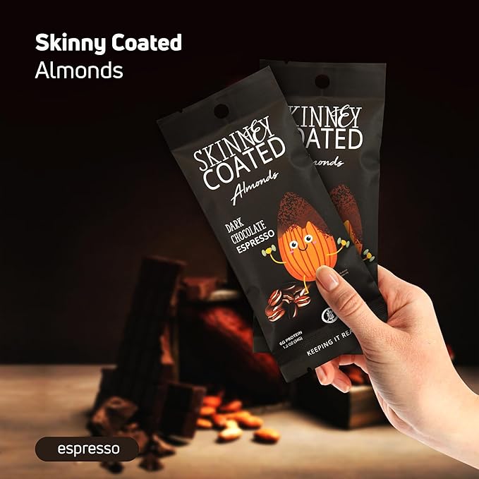 Skinny Coated Dark Chocolate Espresso Snacks, Chocolate Flavored Almonds Healthy in Bulk - Skinny Almonds, Kosher, Gluten Free Sweet Snacks for Adults, 1.2Oz p/Bag, 6 Pack