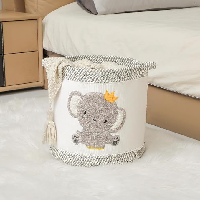 Blanket Baskets Baby Toy Basket Laundry Hamper Cute Elephant Nursery Storage Basket, Woven Cotton Rope Nursery Organization Bins For Girls Boys Kids Baby Shower Gifts Baskets