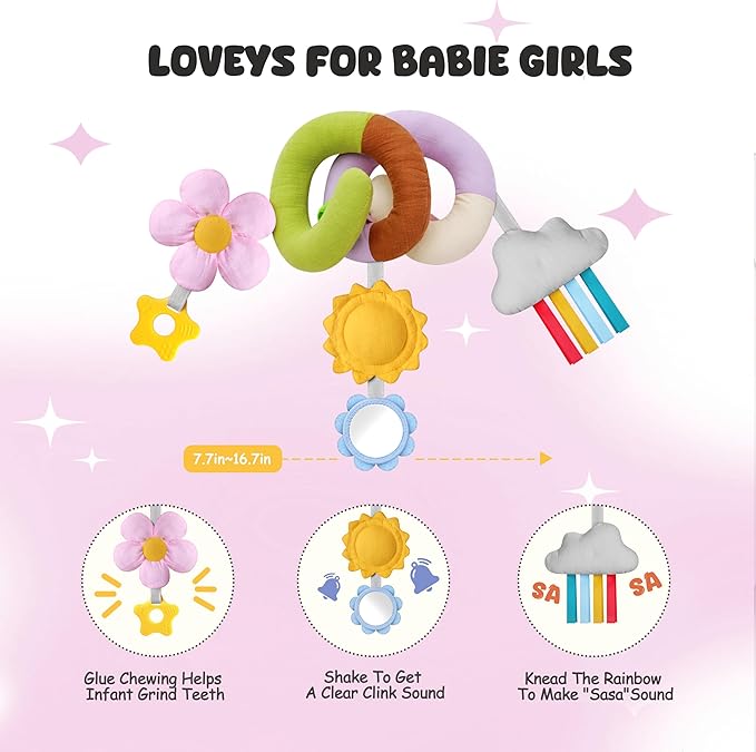 Stuffed Spiral Baby Car Seat Toys, Beat Newborn Gifts, Soft Infant Must Have Hanging Toys (Vibrant Nature)