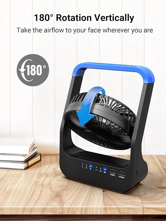 Battery Operated Fan, Camping Fan Battery Powered, Super Long Lasting, Portable D-Cell Battery Powered Desk Fan with Timer, 3 Speeds, Quiet, 180° Rotation, for Office,Bedroom,Outdoor, 5'', Model: F24