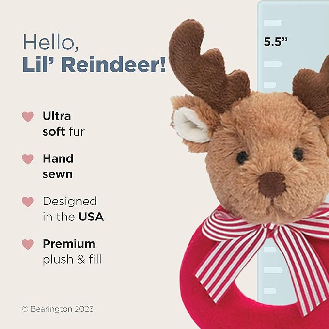 Bearington Baby Lil’ Reindeer Christmas, 5.5 Inch Christmas Reindeer Plush Stuffed Animal, Soft Baby Rattles and Plush Rings, for Ages 0-14