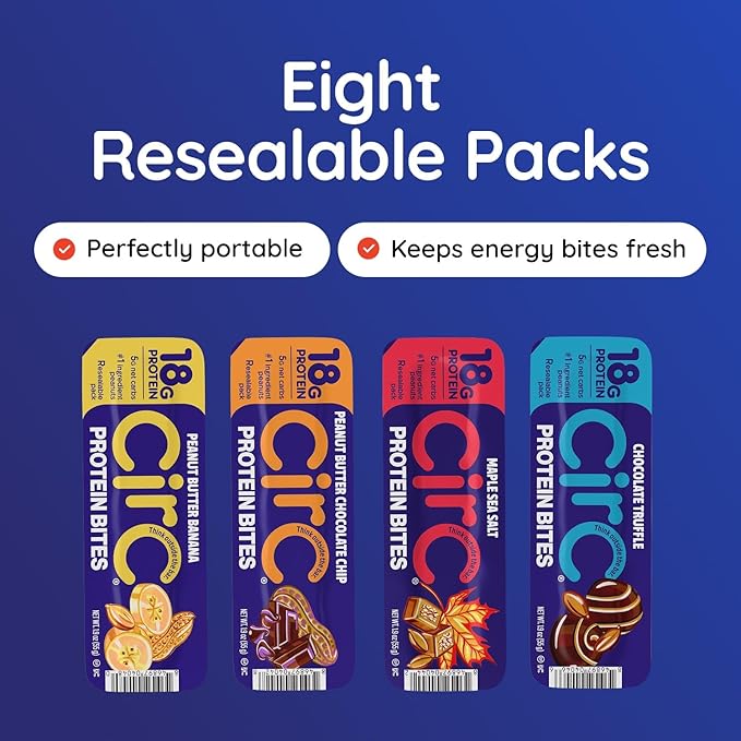 CirC Protein Bites - 8 Count Variety Mix High Energy Balls - 18g of protein 4g of Collagen, 5g of net carb, Whey & Peanuts - Portable Healthy Snacks in 5-Piece Resealable Packs