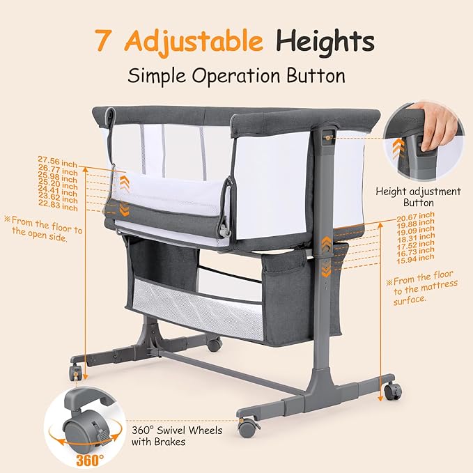 Ezebaby Bedside Bassinet for Baby, Portable Baby Bassinet Bedside Sleeper for Newborn Infants with Wheels Storage Basket, Adjustable 7 Heights and All Mesh Sides