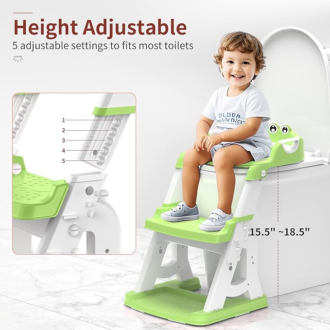 Potty Training Seat, Upgrade 2 in 1 Potty Training Toilet for Toddler, Toddler Toilet Seat for Boys Girls with Support Bar, Anti-Slip Pad and Step Stool (Green)