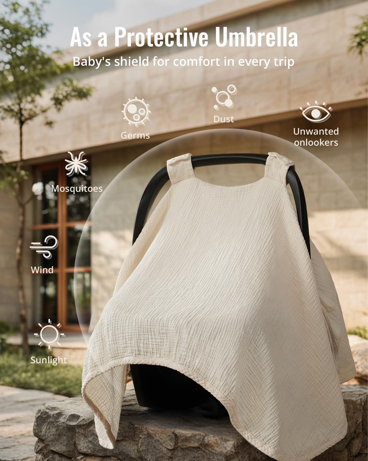 Blissful Diary Baby Car Seat Cover, Extra Large Mesh Window, Breathable Muslin Cotton, Infant Windproof Canopy, Must-Have Baby Gift - Roman Green