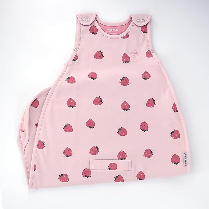 Woolino Merino Wool and Organic Cotton Ultimate Baby Sleep Sack - 4 Season Baby Wearable Blanket - Two-Way Zipper Adjustable Sleeping Bag - Universal Size (2-24 Months) - Strawberry