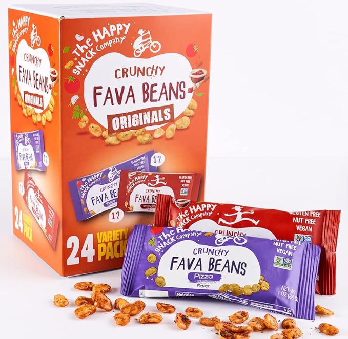 The Happy Snack Company Fava Beans Variety Pack 24 x 1 oz (Smoky BBQ Flavor and Pizza Flavor).Gluten free. Nut free. Dairy free. Non-GMO and Vegan. 5g Protein & 130 Cals.