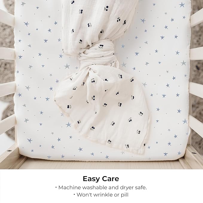 Ely’s & Co. Pack and Play Sheets, for Mini/Portable Crib, 2 Pack Fitted Playpen Play Yard Sheet Set Compatible with Graco Pack n Play, for Baby Boys, 100% Cotton, Blue Stars and Stripes, 38”x24”x5”