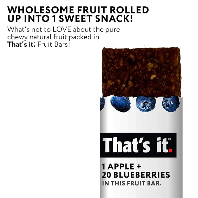 That's it. Apple + Blueberry 100% Natural Real Fruit Bar, Best High Fiber Vegan, Gluten Free Healthy Snack, Paleo for Children & Adults, Non GMO No Sugar Added, No Preservatives Energy Food (12 Pack)