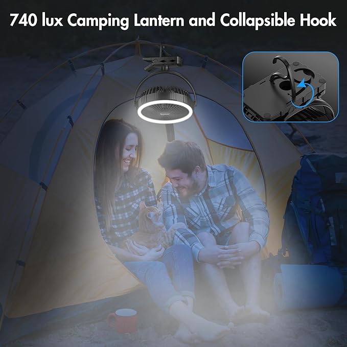 Camping Rechargeable Fan, Battery Operated with Timer, Powerful Airflow Portable Fan, Strong Clip with Light & Hook for Tent Outdoor Travel BBQ Hurricane Power Outage