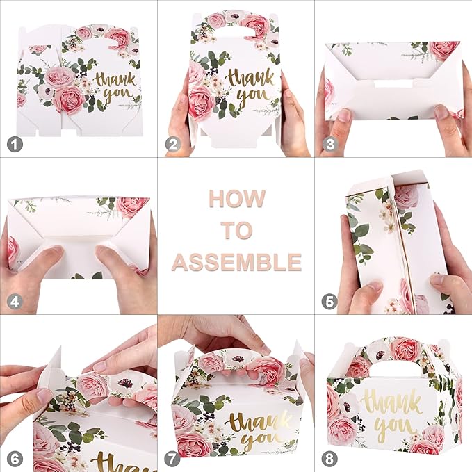 SOSFKIM Treat Boxes - 24 Pack Floral Design Embossed Gold Foil Cardboard Boxes - Party Favor Boxes Gable Boxes Perfect For Wedding, Birthday, Christmas, Celebrating 6.3x3.5x3.5 Inch