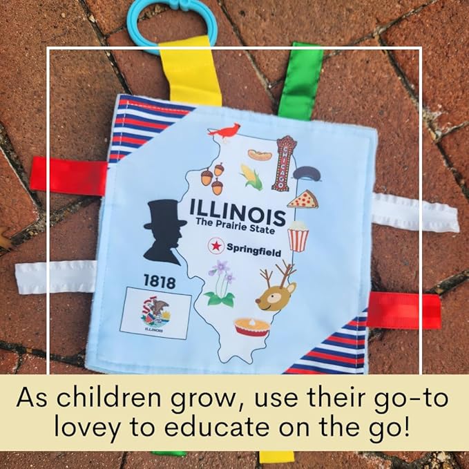 Baby Jack & Co 8x8” Learning Lovey Illinois State Tag Stroller Toy for Babies - Crinkle Toys for Developing Five Senses - Learn About Capitals - Travel with Baby Jack - BPA Free Clip