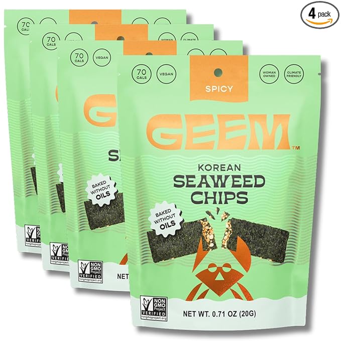 GEEM Seaweed Snacks – Korean Seaweed Chips with Rice Crisps & Sesame | Crunchy, Oil-Free Snack | Vegan, Non-GMO | Great for Kids & Adults | Spicy 4-Pack