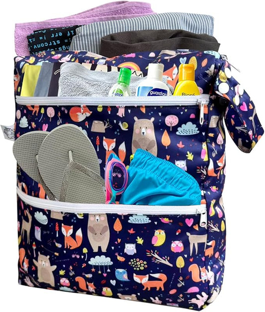 FLOCK THREE 3D Waterproof and Washable Wet Bag Luggage Organiser for Travel storage Stroller Daycare Baby Diapers Yoga Beach Pool Swimsuits Luggage Packing for Travel Accessories (Jungle Animals)