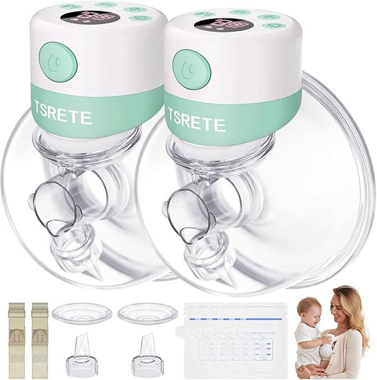 TSRETE Breast Pump, Double Wearable Electric Hands-Free Breast Pumps with 2 Modes, 9 Levels, LCD Display, Memory Function Rechargeable with Massage and Pumping Mode-27mm Flange-Green