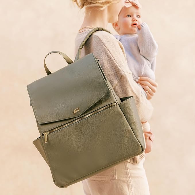 Freshly Picked Classic II Diaper Bag Backpack, Wipeable Vegan Leather With Changing Pad (Sage Green V2)