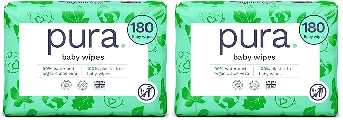 Pura Baby Wipes 3 x 60 per pack (180 Wipes) 100% Plastic-Free & Plant Based Wipes, 99% Water, Suitable for Sensitive & Eczema-prone Skin, Fragrance Free & Hypoallergenic, EWG, Cruelty Free (Pack of 2)