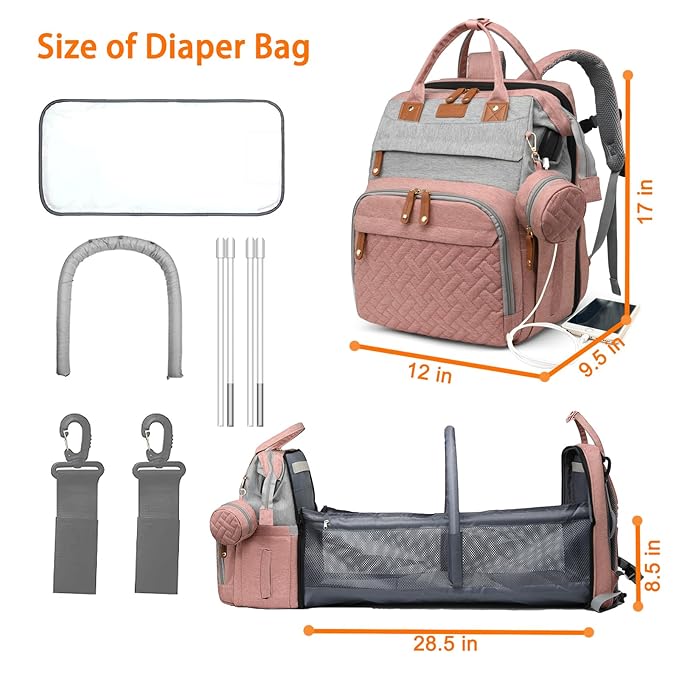 Baby Diaper Bags with Changing Station, Waterproof Diaper Bag Backpack for Moms Dads with USB Charging Port, Baby Shower Gifts, Large Capacity diaper backpack, Grey Pink