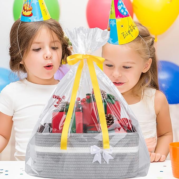 OIAHOMY Large Woven Storage Basket with Handles for Nursery Living Room Shelves, Bow Basket for Gifts Empty with Gift Bags and Ribbons for Baby Showers Pet Toy Bin - Grey