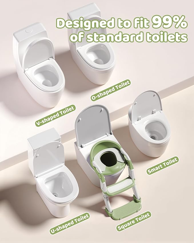 3-in-1 Potty Training Seat & Training Toilet & Potty Chair, Height Adjustable Toddler Toilet Seat for Kids Boys Girls, Foldable Potty Training Toilet with Splash Guard and Anti-Slip Steps (Green)