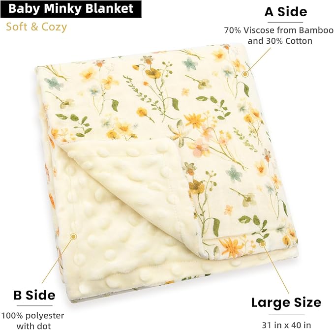 LifeTree Baby Blankets for Boys Girls, Soft Double Layer Swaddle Blankets, Muslin Front and Dotted Fleece Backing Receiving Bed Throw Blanket for Newborn Unisex, 31X40 Inches, WildFloral