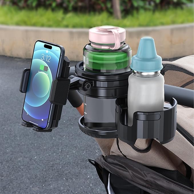 4-in-1 Universal Stroller Cup Holder – Adjustable Single/Double Cup & Phone Holder, 360° Rotatable, Anti-Slip Silicone Grip, Spill-Proof Design for Baby Strollers, bicycles,Wheelchairs, Shopping Carts