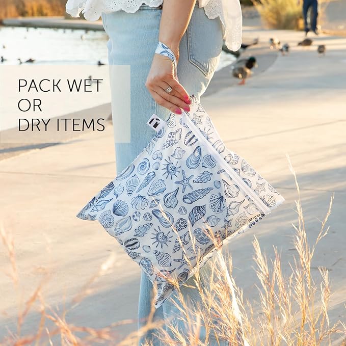 Roamio Waterproof Wet Bag for Baby, Travel, Swim Suit, Cloth Diapers, Pump Parts, Pool, Gym Clothes, Beach, Toiletry, Hook to Stroller, Daycare, Zipper Reusable Bag, Wetdry Packing Pouch, Blue Shells