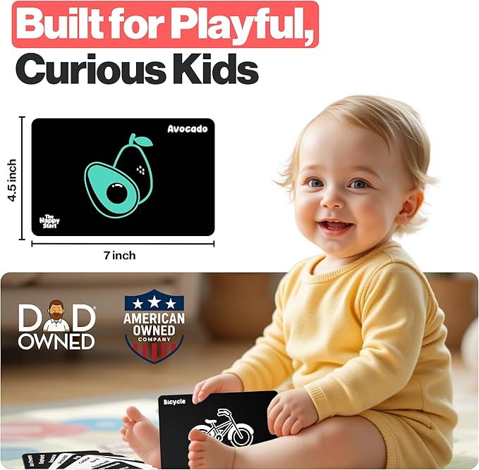 Happy Start High Contrast Baby Cards for Newborns - Black & White Cards, Water-Resistant, BPA-Free, Portable Educational Flashcards for Visual Stimulation, Award-Winning, Ages 0+ (English)