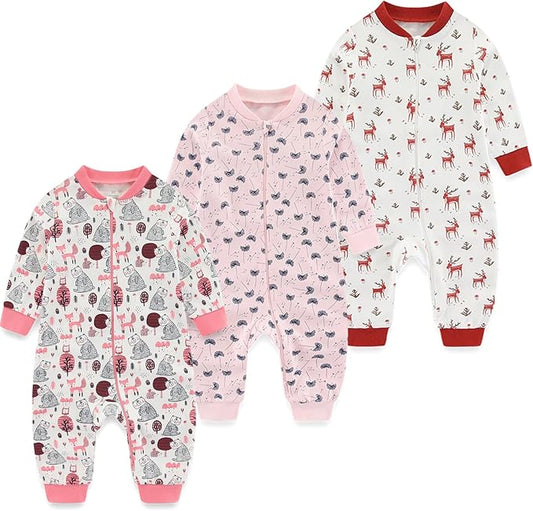 Newborn Baby 2-way Zipper Romper Cotton One-piece Jumsuit 3-pack, 0-24 Months