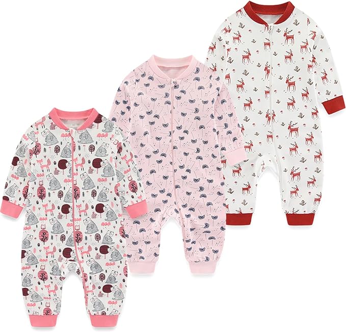 Newborn Baby 2-way Zipper Romper Cotton One-piece Jumsuit 3-pack, 0-24 Months