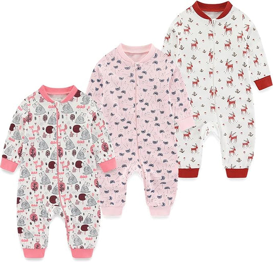 Newborn Baby 2-way Zipper Romper Cotton One-piece Jumsuit 3-pack, 0-24 Months