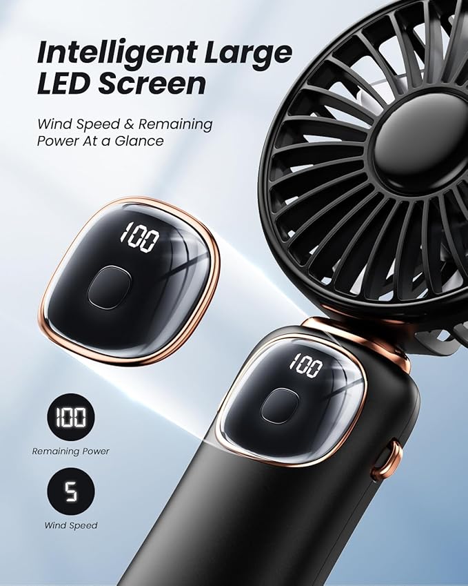 coldSky Portable Handheld Fan, 4000mAh Battery Operated 3 in 1 Multifunction Personal Travel Fans with Digital Display, 90° Foldable Desk Fan with Base, 5 Speed Lash Fan for Makeup/Office (Black)