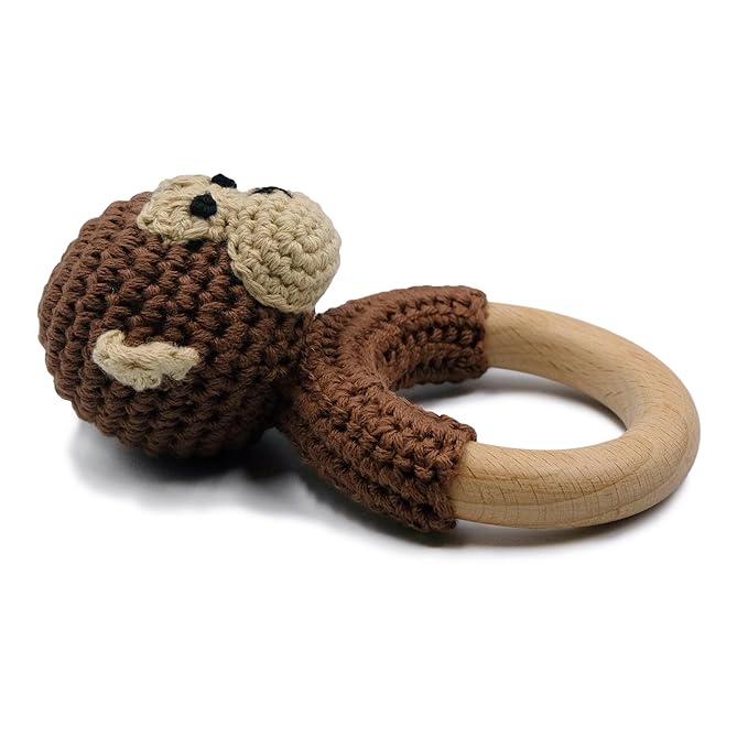 Joliecraft Safari Animals Wooden Baby Rattle Toys Stuffed Crochet Rattle with Teether Ring for Newborn, Brown Monkey