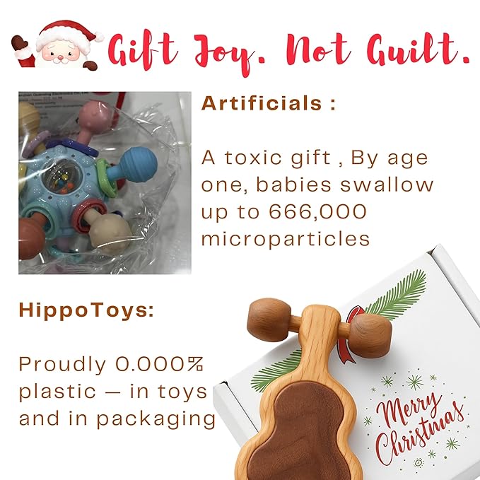 Wooden Baby Teether – USA’s First Real Natural Wood Baby Teething Toys 3–6 Months & 6–12 Months – Safe Wooden Rattle – Non-Toxic, Eco-Friendly, Christmas Gift for Babies