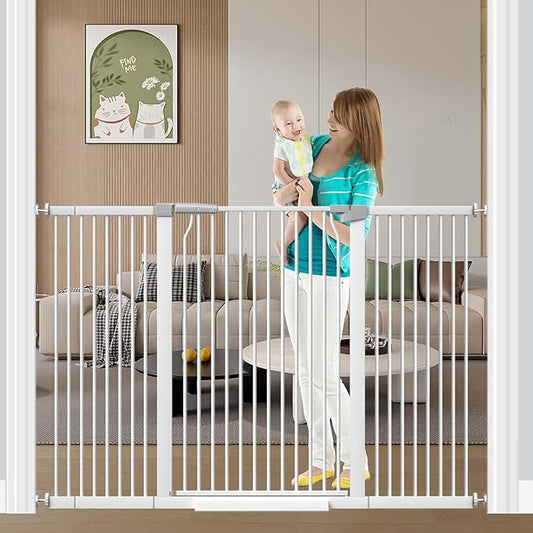 Fairy Baby 40.5" Extra Tall Pet Gate for Doorway, 60.3"-65.7" Extra Wide Dog Gate for Stairs, Metal Auto Close Safety Child Toddler Gate, Pressure Mounted Easy Walk Through Baby Gate with Door, White