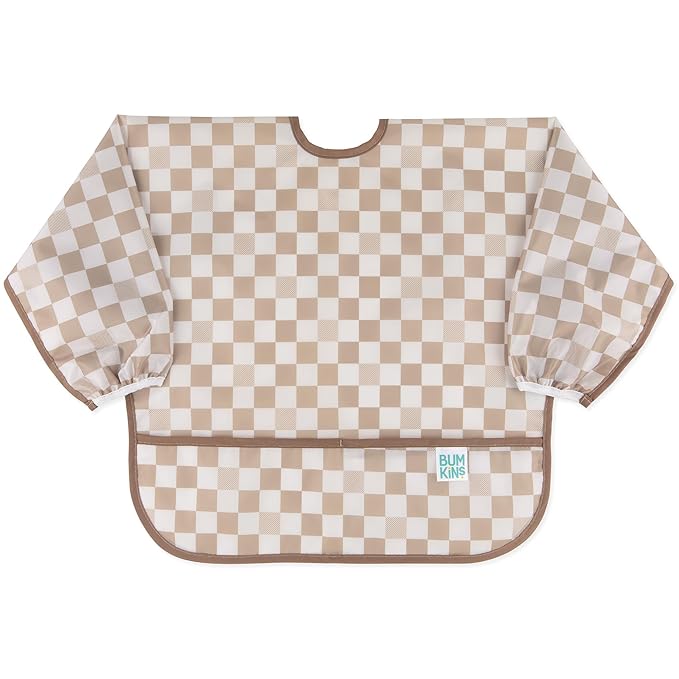 Bumkins Sleeved Bib for Girl or Boy, Baby and Toddler for 6-24 Mos, Essential Must Have for Eating, Feeding, Baby Led Weaning Supplies, Long Sleeve Mess Saving Food Catcher, Soft Fabric, Beige Check