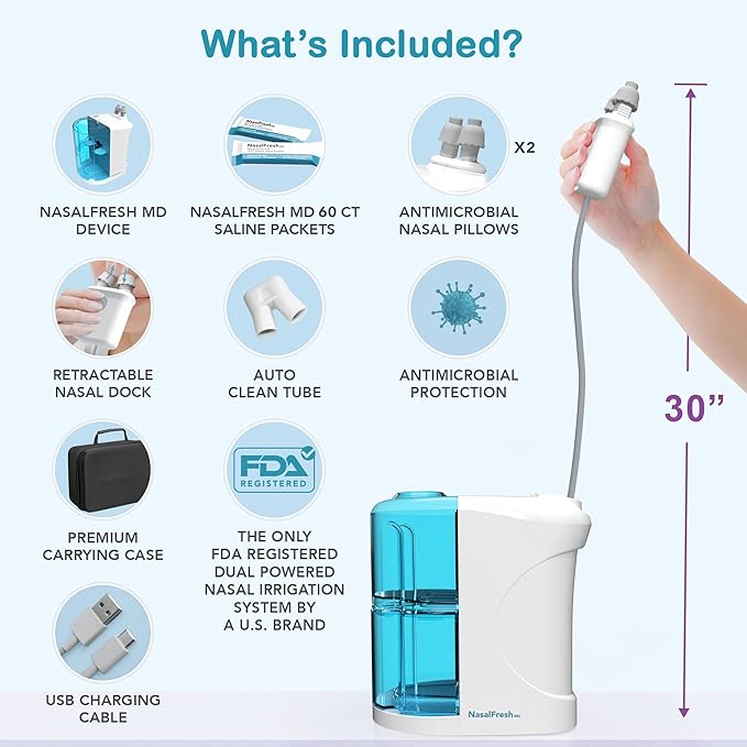 NASALFRESH MD Premium Bundle–Dual Powered Nasal Irrigation System Nasal Rinse and Wash, Sinus Decongestant Relief System, 60 Saline Packets, Case, Rechargeable, 2 Sets of Nose Pillows–Snoring Remedy