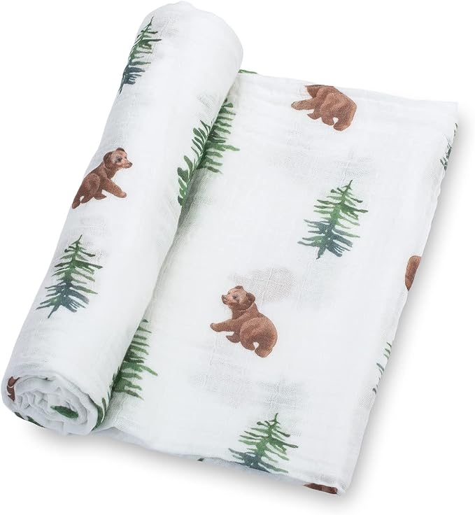 LollyBanks Swaddle Blanket, 100% Cotton Muslin Swaddle Blankets for Boys and Girls, Large 47 x 47 Inches Newborn Swaddle Receiving Blanket, Breathable Baby Blanket, Registry (Baby Bear Cub Theme)
