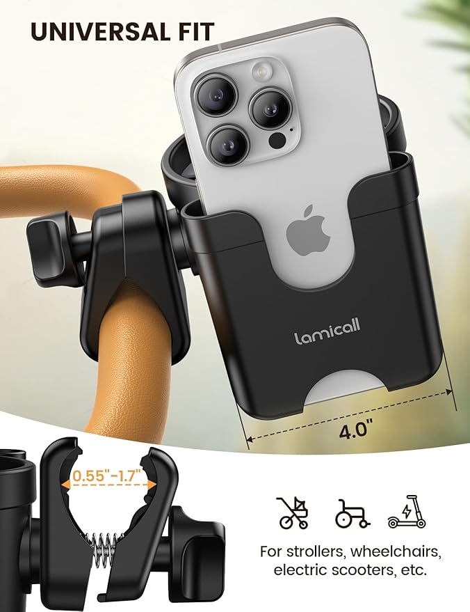 Stroller Cup Holder with Phone Holder - [Upgraded Anti-Slip Grips] [2-in-1] Walker Cup Holder, Wheelchair, Stroller Accessories, Universal Holder for Uppababy, Doona, Nuna, Jogger, Britax, Bugaboo