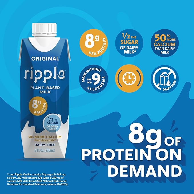 Ripple Original Plant Based Milk | 8g of Quality Sourced Pea Protein, Calcium Rich | Shelf Stable | Vegan & Non GMO Certified | Dairy, Soy, Nut, Gluten, & Lactose Free | 8 Fl Oz Cartons (Pack of 12)