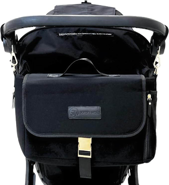 Sarah Wells Stroller Caddy & Pump Bag – Insulated Neoprene Diaper Organizer with Crossbody Strap, Machine Washable, Luggage Sleeve – Fits Single & Double Strollers (Black)